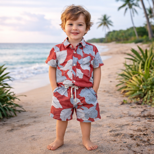 Boys All Over Tropical Botanical Print Shirt & Pant Set Misty & Multicolor