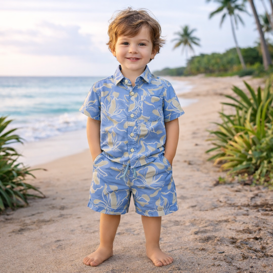 Boys All Over Leaf Pattern Print Shirt & Pant Set Sky Blue