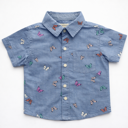 Boys Butterfly Printed Denim Casual Shirt – Sky Blue