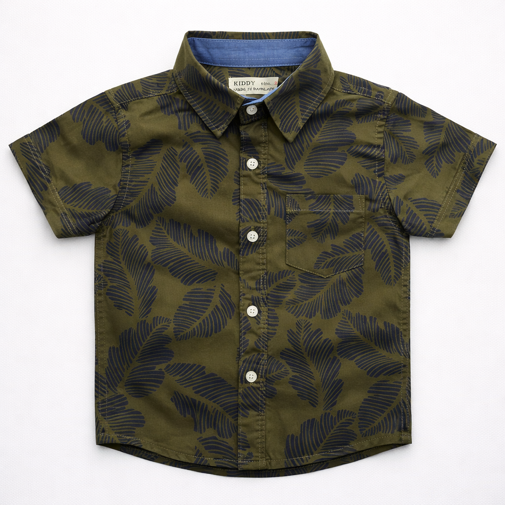 Boys Premium Tropical Leaf Printed Shirt – Olive Green