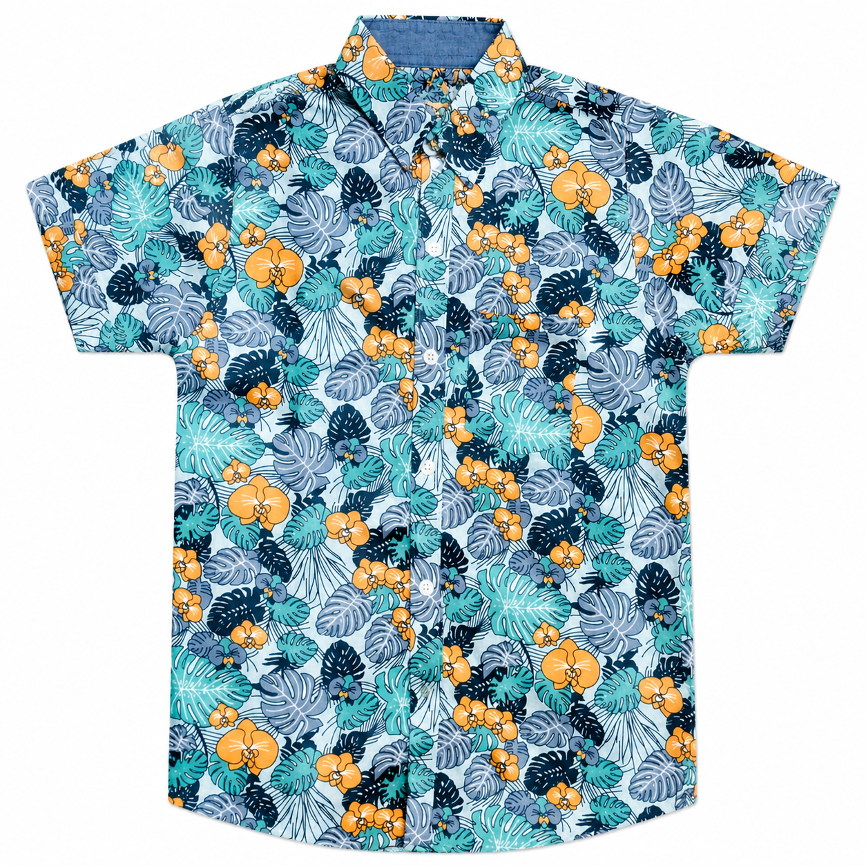 Boys Premium Floral & Leaf Printed Shirt – Blue & Yellow