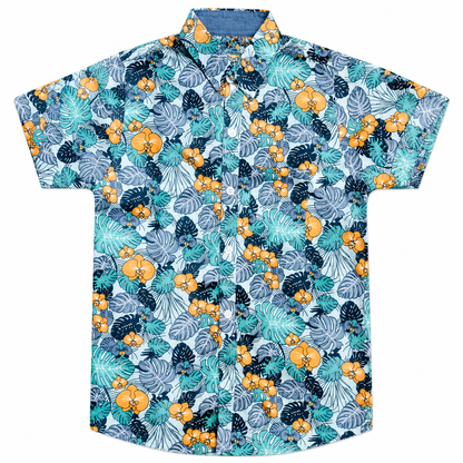 Boys Premium Floral & Leaf Printed Shirt – Blue & Yellow