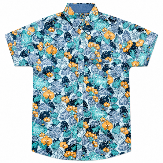 Boys Premium Floral & Leaf Printed Shirt – Blue & Yellow