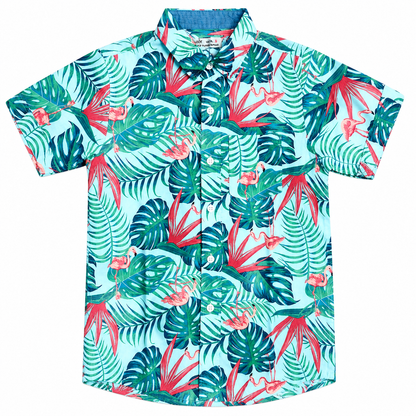 Boys Premium Flamingo & Leaf Printed Shirt – Aqua Blue