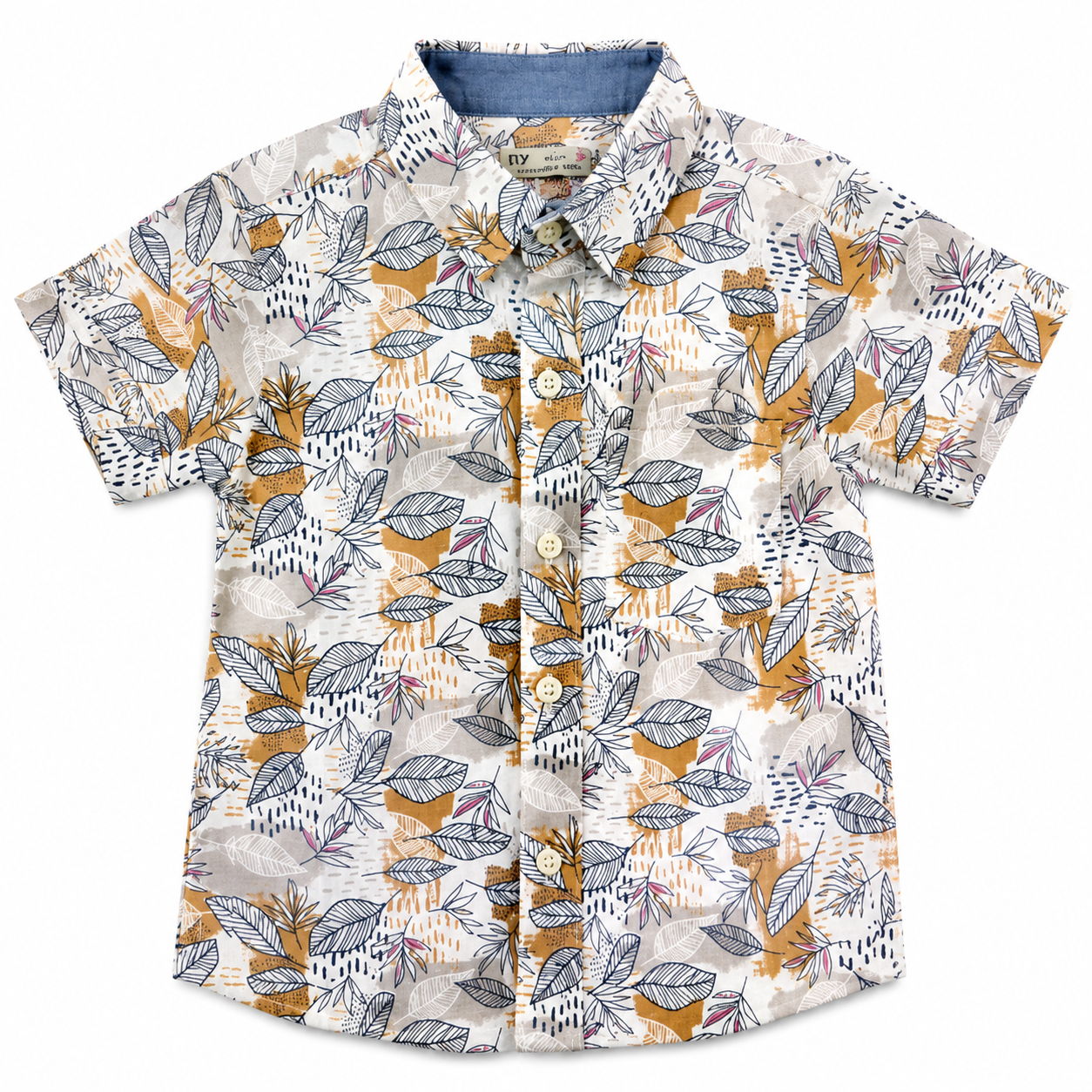 Boys Summer Leaf Pattern Shirt – Ivory Mustard