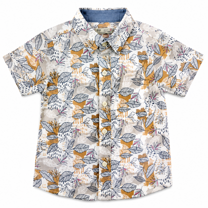 Boys Summer Leaf Pattern Shirt – Ivory Mustard