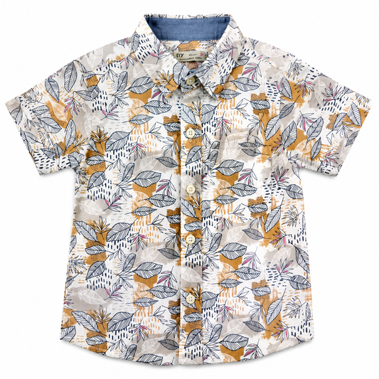 Boys Summer Leaf Pattern Shirt – Ivory Mustard