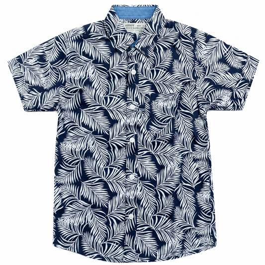 Boys Premium Palm Leaf Printed Shirt – Navy Blue