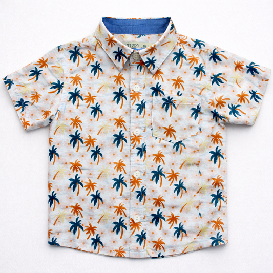 Boys Premium Tropical Palm Print Shirt – White Orange Blue