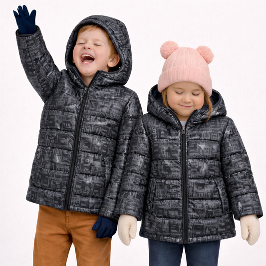 Kids Black Printed Winter Padded Hooded Jacket