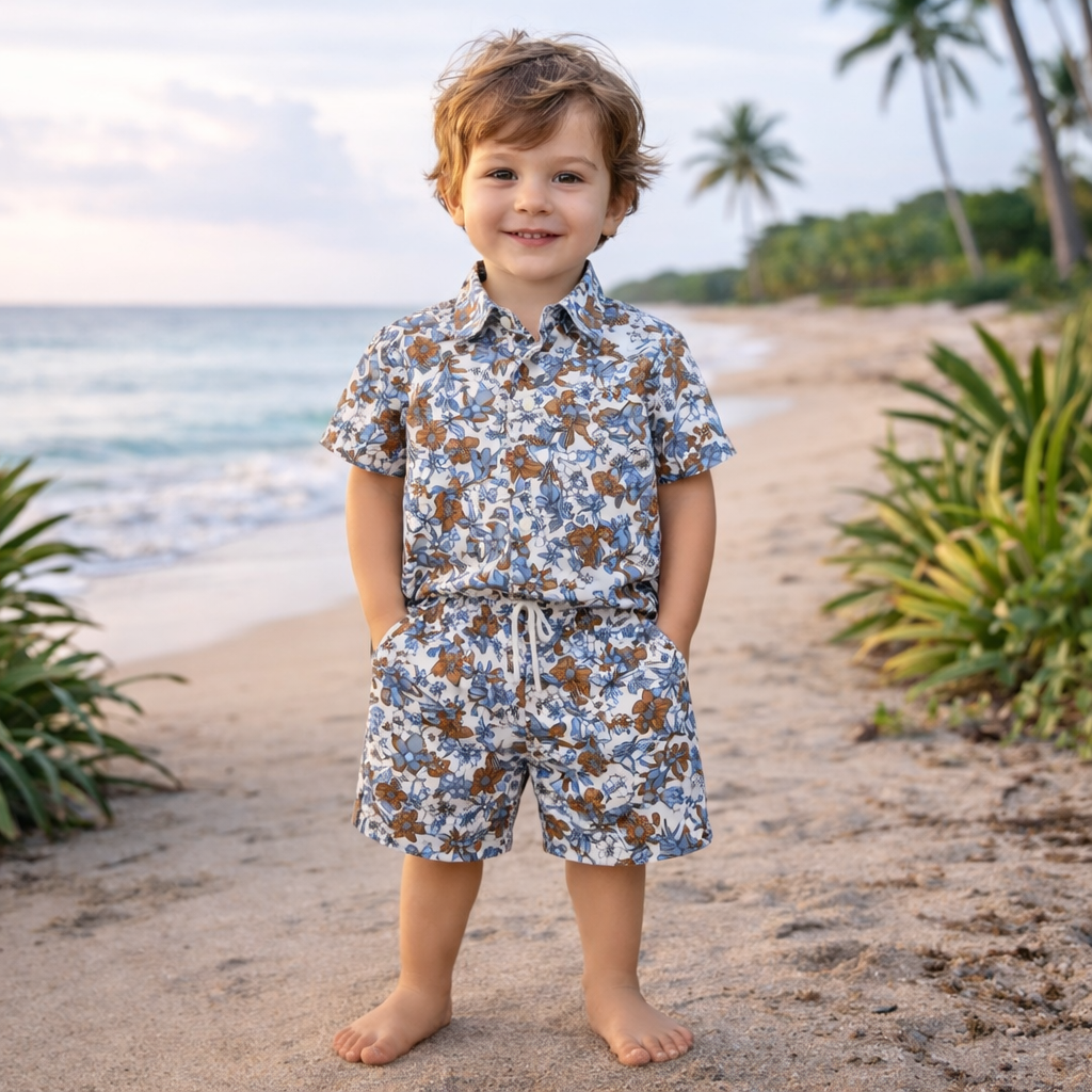 Boys All Over FLOWERS Print Shirt & Pant Set White & Multicolor