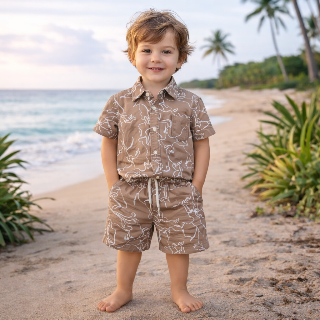 Boys All Over White Outline Print Shirt & Pant Set Light Brown