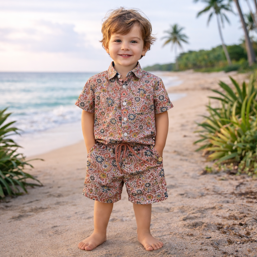 Boys All Over FLOWERS Print Shirt & Pant Set Brown & Multicolor