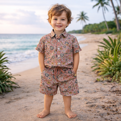Boys All Over FLOWERS Print Shirt & Pant Set Brown & Multicolor