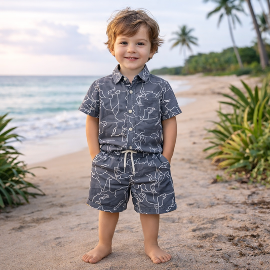 Boys All Over White Outline Print Shirt & Pant Set Ash