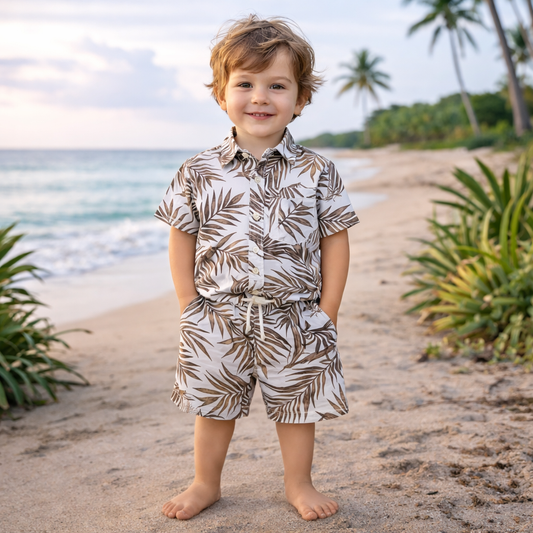 Boys All Over Palm Leaf Print Shirt & Pant Set White & Light Brown