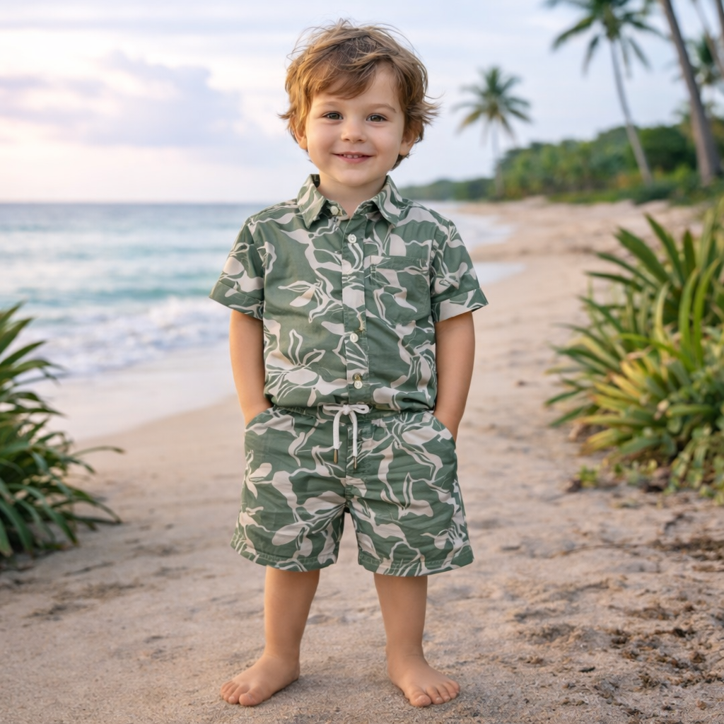 Boys All Over Leaf Pattern Print Shirt & Pant Set Light Olive