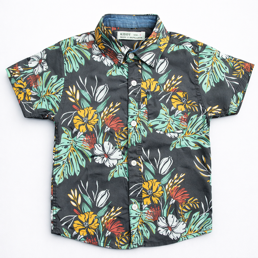Boys Premium Tropical Flower & Leaf Printed Shirt – Charcoal Grey