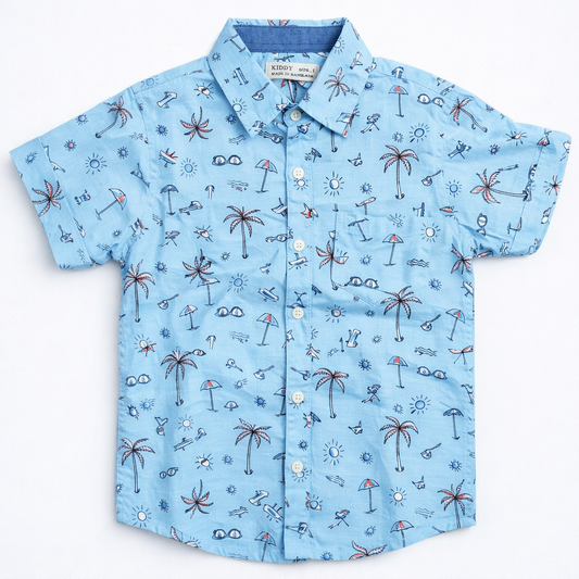 Boys Premium Beach & Palm Tree Printed Shirt – Sky Blue