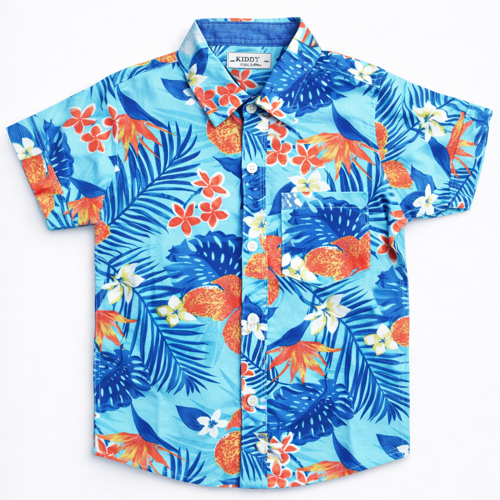 Boys Premium Tropical Flower & Leaf Printed Shirt – Aqua Blue