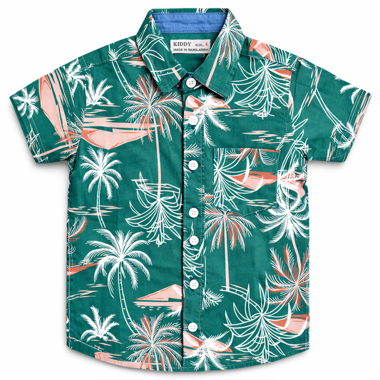 Boys Premium Palm Tree Printed Shirt – Emerald Green