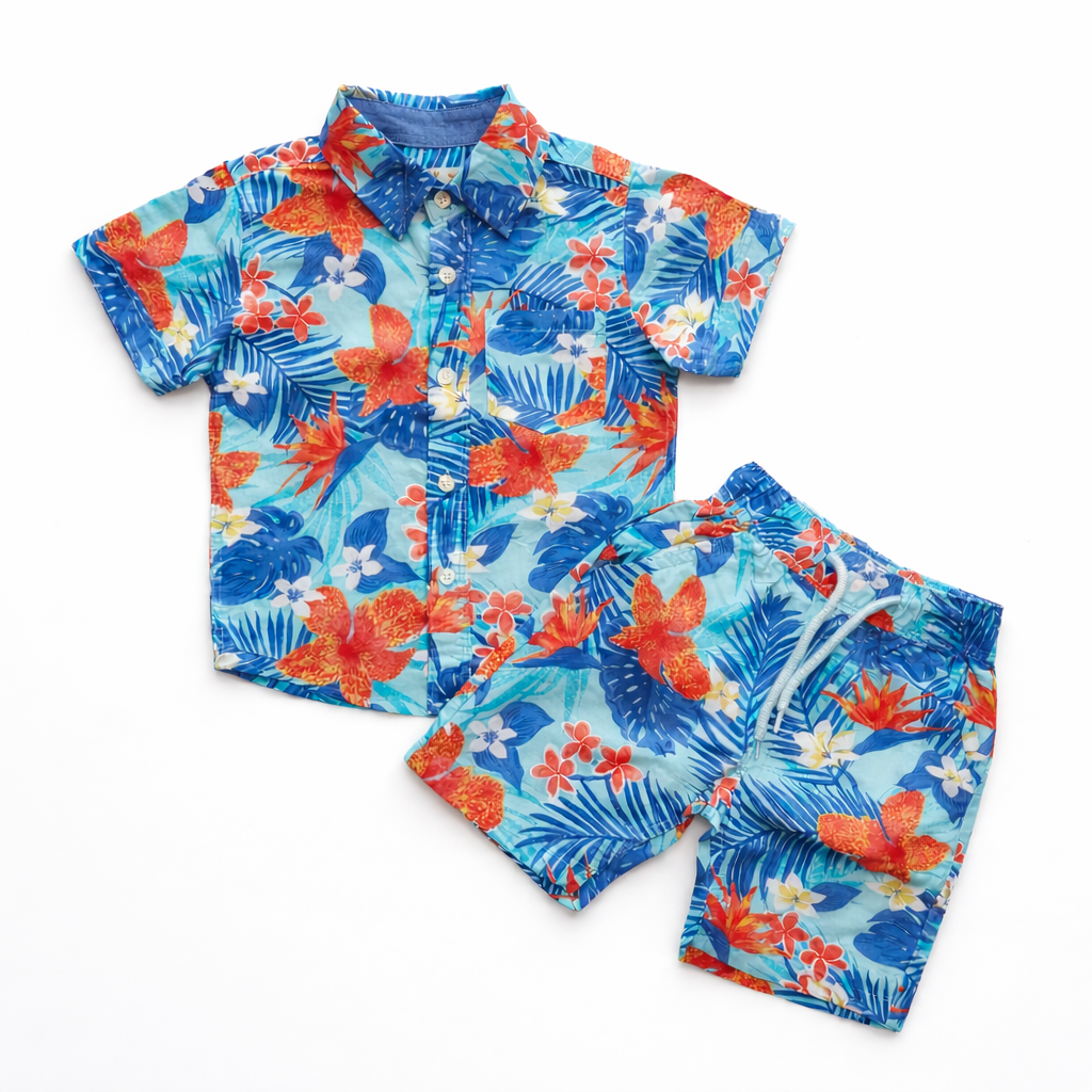 Kids Boys Floral Shirt & Pant Set Blue
