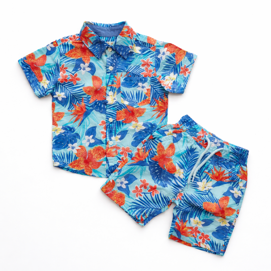 Kids Boys Floral Shirt & Pant Set Blue
