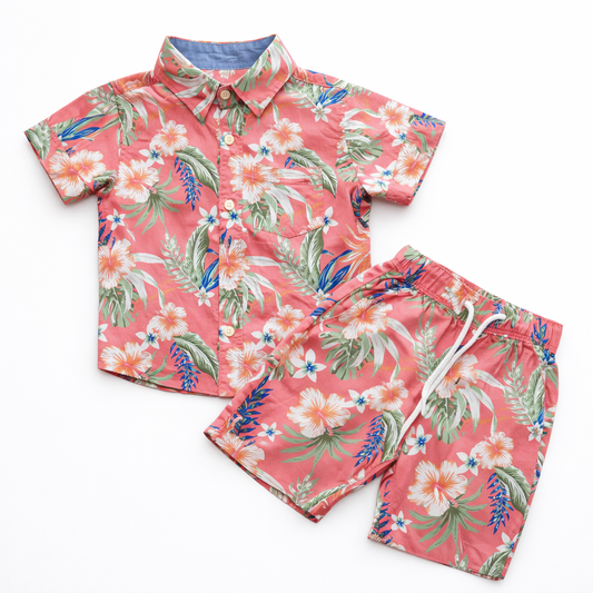 Kids Boys Floral Shirt & Pant Set Coral
