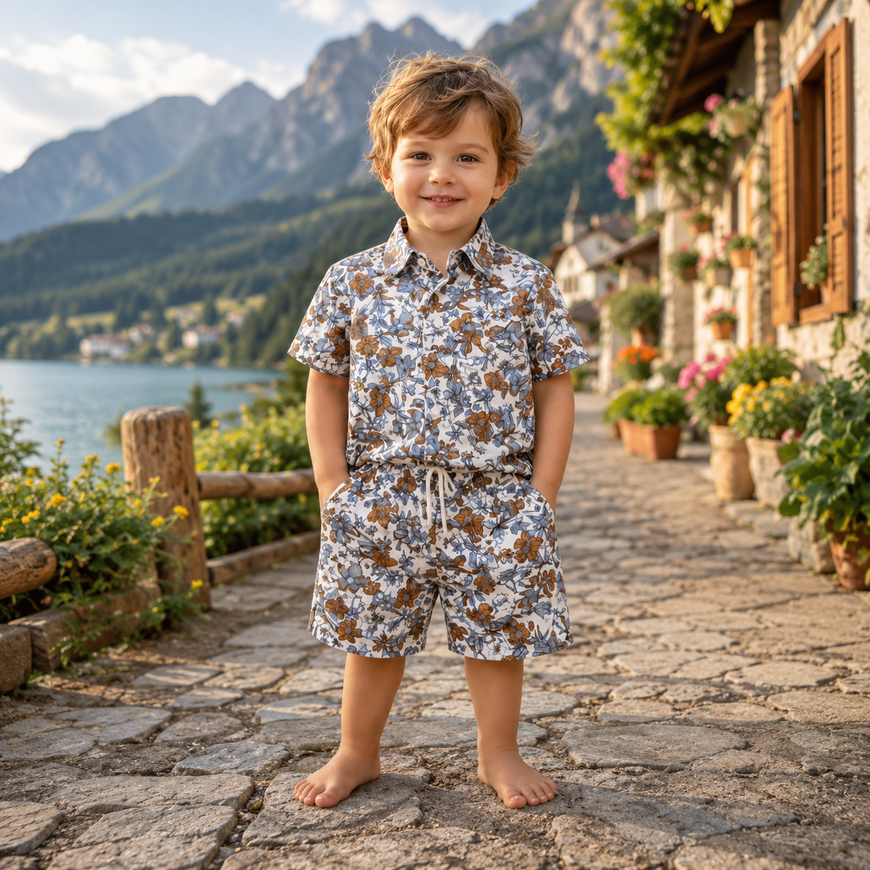 Boys All Over FLOWERS Print Shirt & Pant Set White & Multicolor
