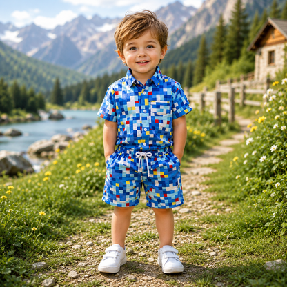 Boys All Over Pixelated Geometric Print Shirt & Pant Set Blue & Multicolor