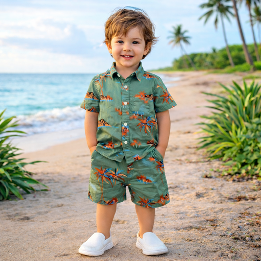 Boys All Over COCONUT TREE & HILLS Print Shirt & Pant Set Olive