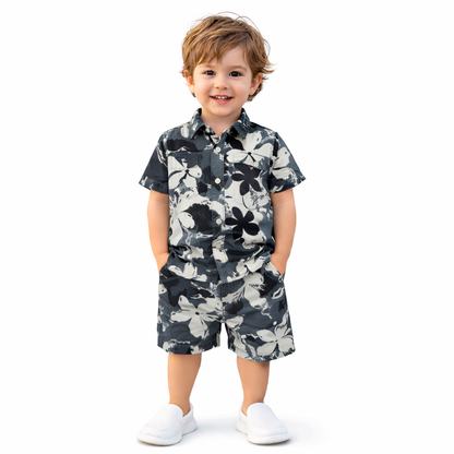 Boys All Over FLOWER Print Shirt & Pant Set White & Black