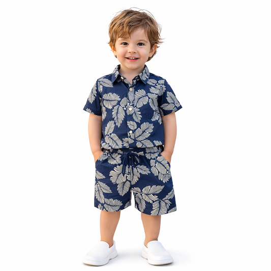 Boys All Over TROPICAL LEAF Print Shirt & Pant Set Navy Blue & White