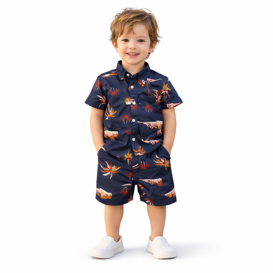 Boys All Over COCONUT TREE & HILLS Print Shirt & Pant Set Navy Blue