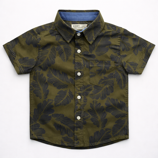 Boys Premium Tropical Leaf Printed Shirt – Olive Green