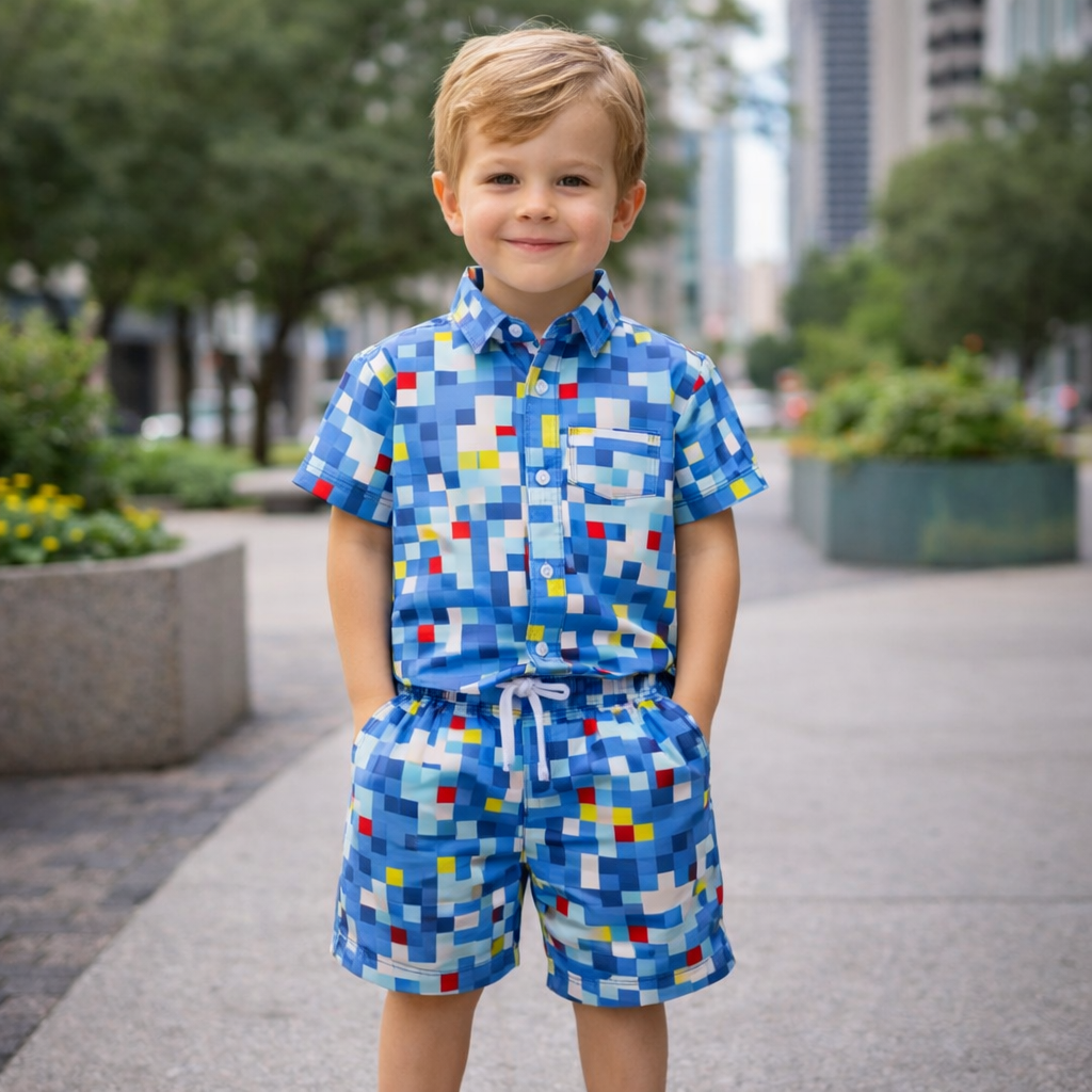 Boys All Over Pixelated Geometric Print Shirt & Pant Set Blue & Multicolor