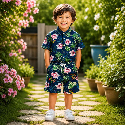 Boys Tropical Flower Print Shirt & Pant Set Dark Blue