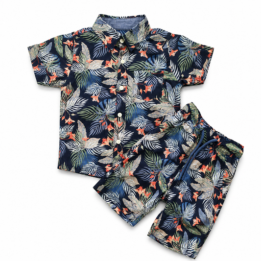 Boys All Over TROPICAL LEAF & FLOWER Print Shirt & Pant Set Dark Navy Blue