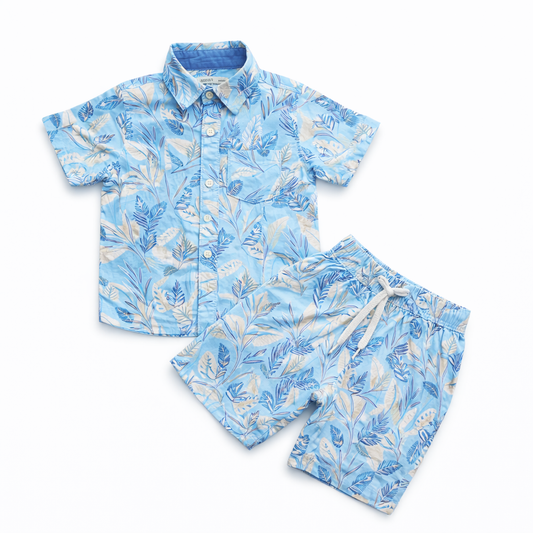 Kids Boys Leaf Print Shirt & Pant Set Sky Blue