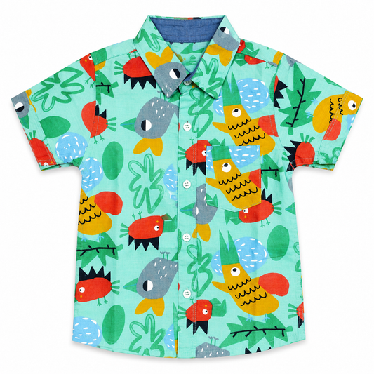 Boys Premium Bird Printed Shirt – Green & Multicolor