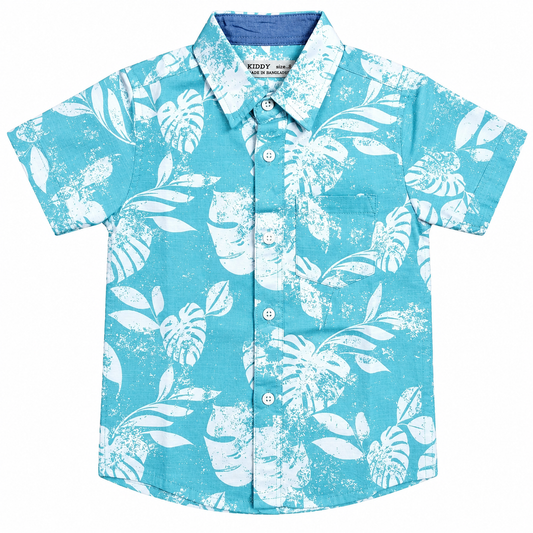 Boys Premium Tropical Printed Shirt – Teal Blue