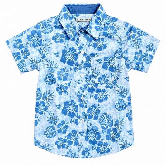 Boys Premium Floral Printed Shirt – Blue & White