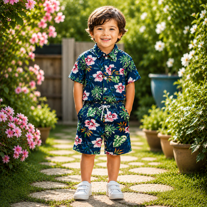 Boys Tropical Flower Print Shirt & Pant Set Dark Blue