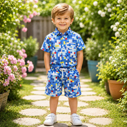 Boys All Over Pixelated Geometric Print Shirt & Pant Set Blue & Multicolor