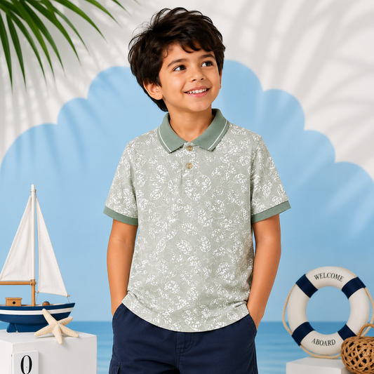 Leaf Pattern Printed Kids Polo Shirt – Sage Green