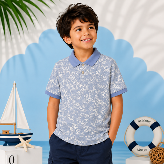 Soft Blossom All Over Print Polo – Sky Blue