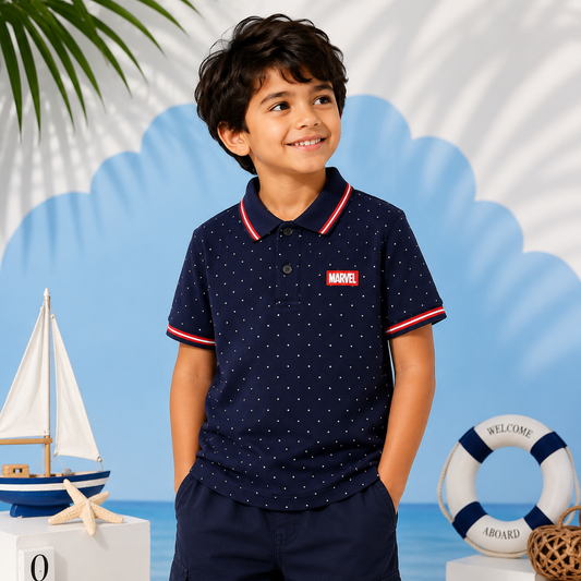 Marvel Micro Dot Printed Kids Polo Shirt – Navy Blue