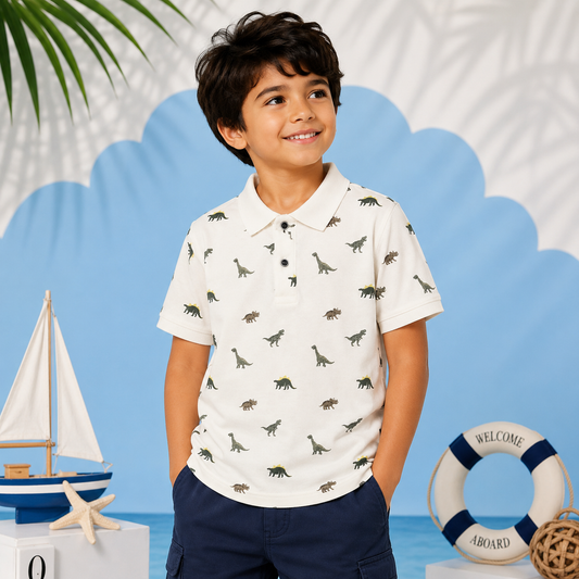 Roarsome Dino Print Premium Kids Polo – White