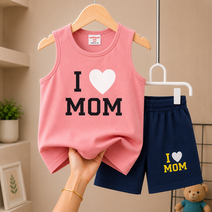 I Love Mom Sleeveless Megi Set – Coral Pink