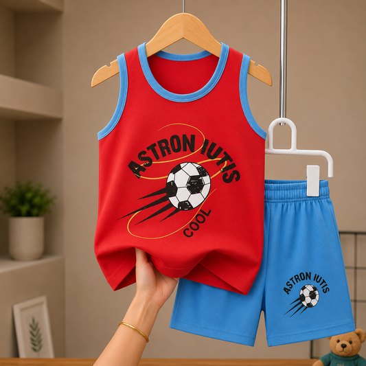 COOL FOOTBALL Printed Megi T-shirt & Pant Set Red & Pest